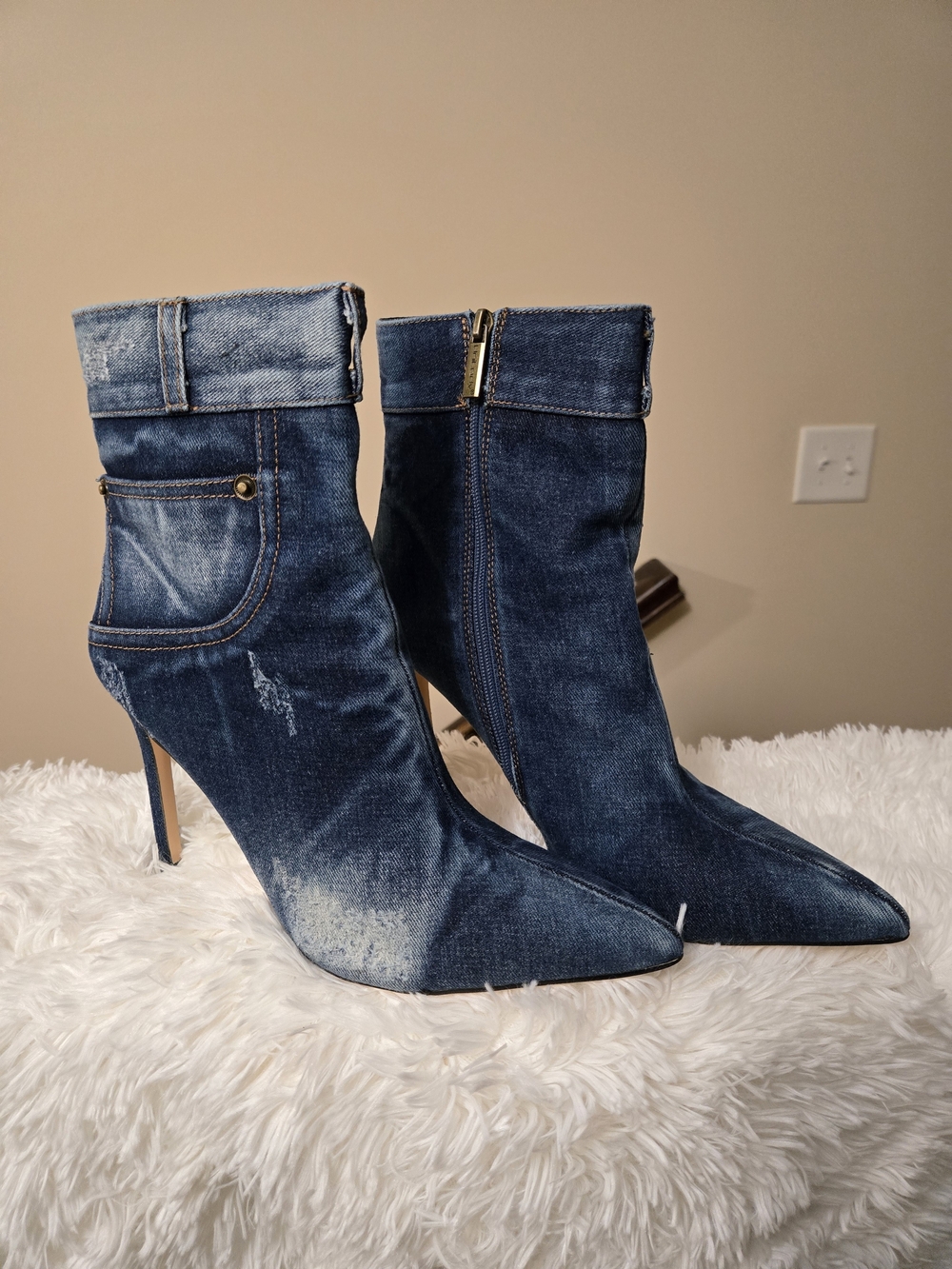 Denim Pointed-Toe Stiletto Ankle Boots - Blue